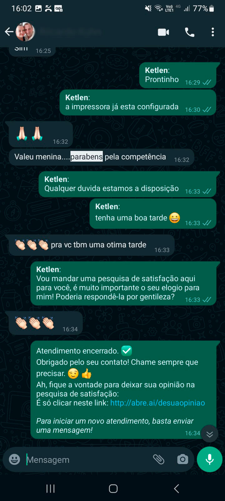 Cliente elogiando a competência do suporte