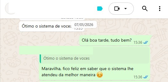 Cliente dizendo que o sistema é ótimo